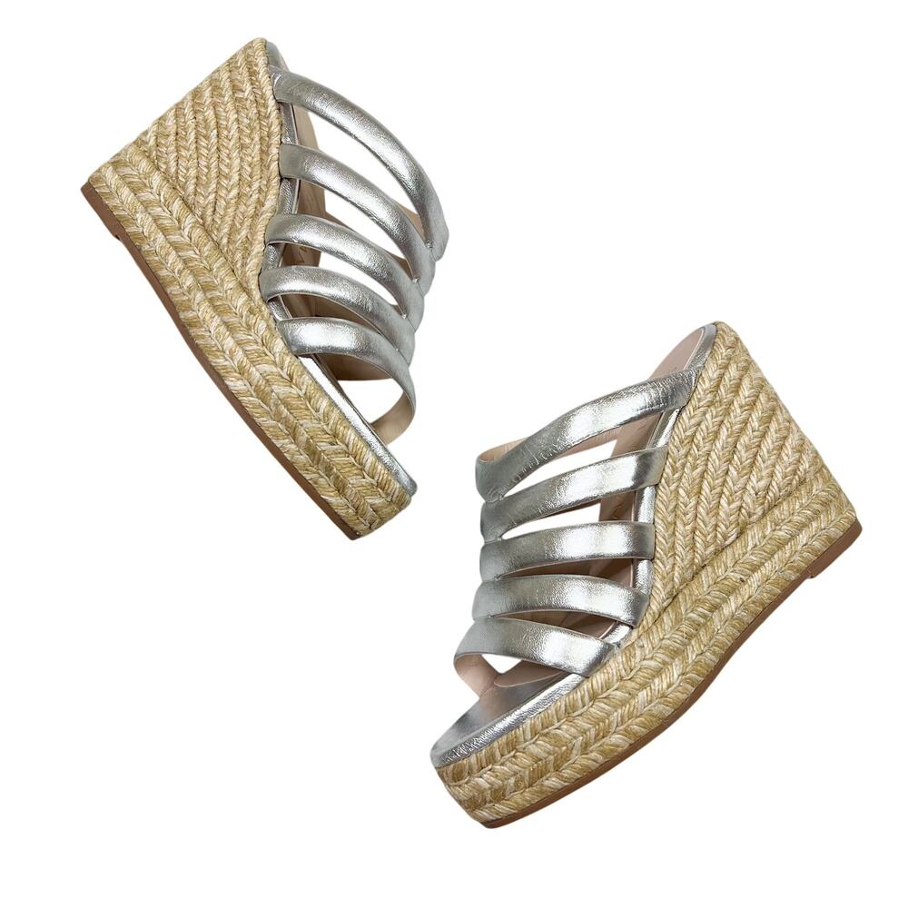 NEW Stuart Weitzman | Lilyana Metallic Silver Leather Espadrille Wedge Sandals 6
